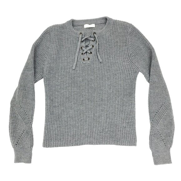 Elodie Knit Sweater Womens Medium Gray Drawstring Pullover Henley V-neck - Picture 1 of 8